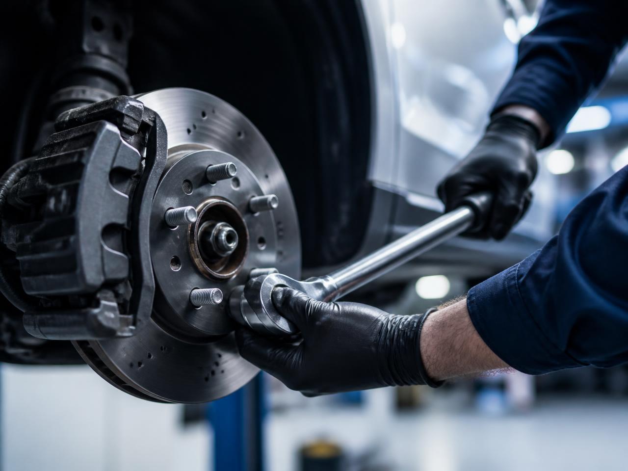 Technician torquing a brake assembly during a car brake service at Pune Automotive