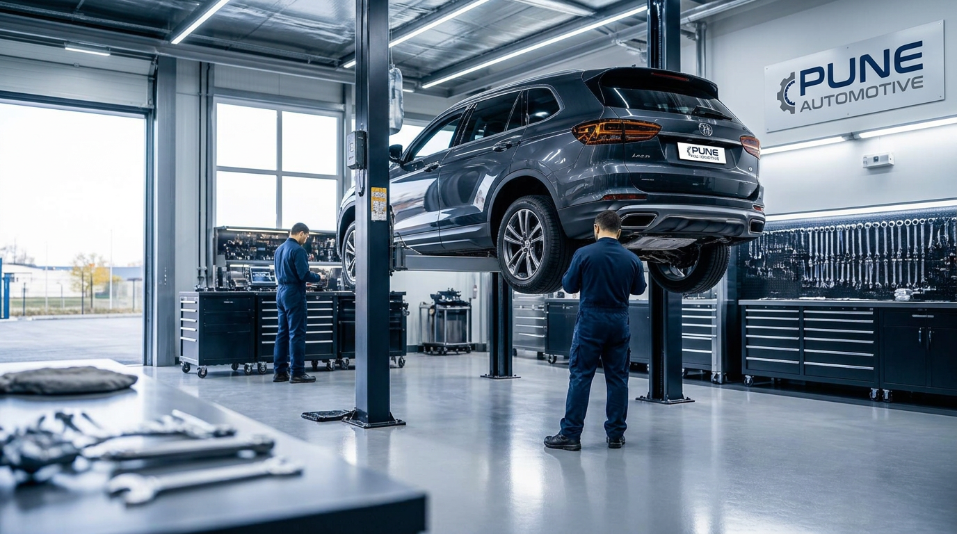 Car on a hydraulic lift being serviced by technicians at the Pune Automotive workshop in Hadapsar, Pune